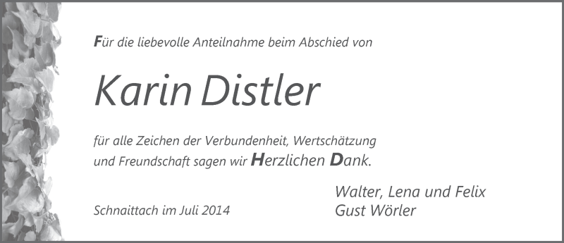  Traueranzeige für Karin Distler vom 05.07.2014 aus Pegnitz-Zeitung